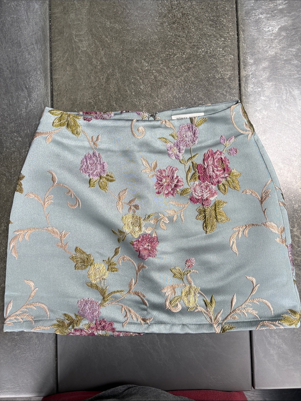 Honey Punch Light Blue Floral Embroidered Mini Skirt